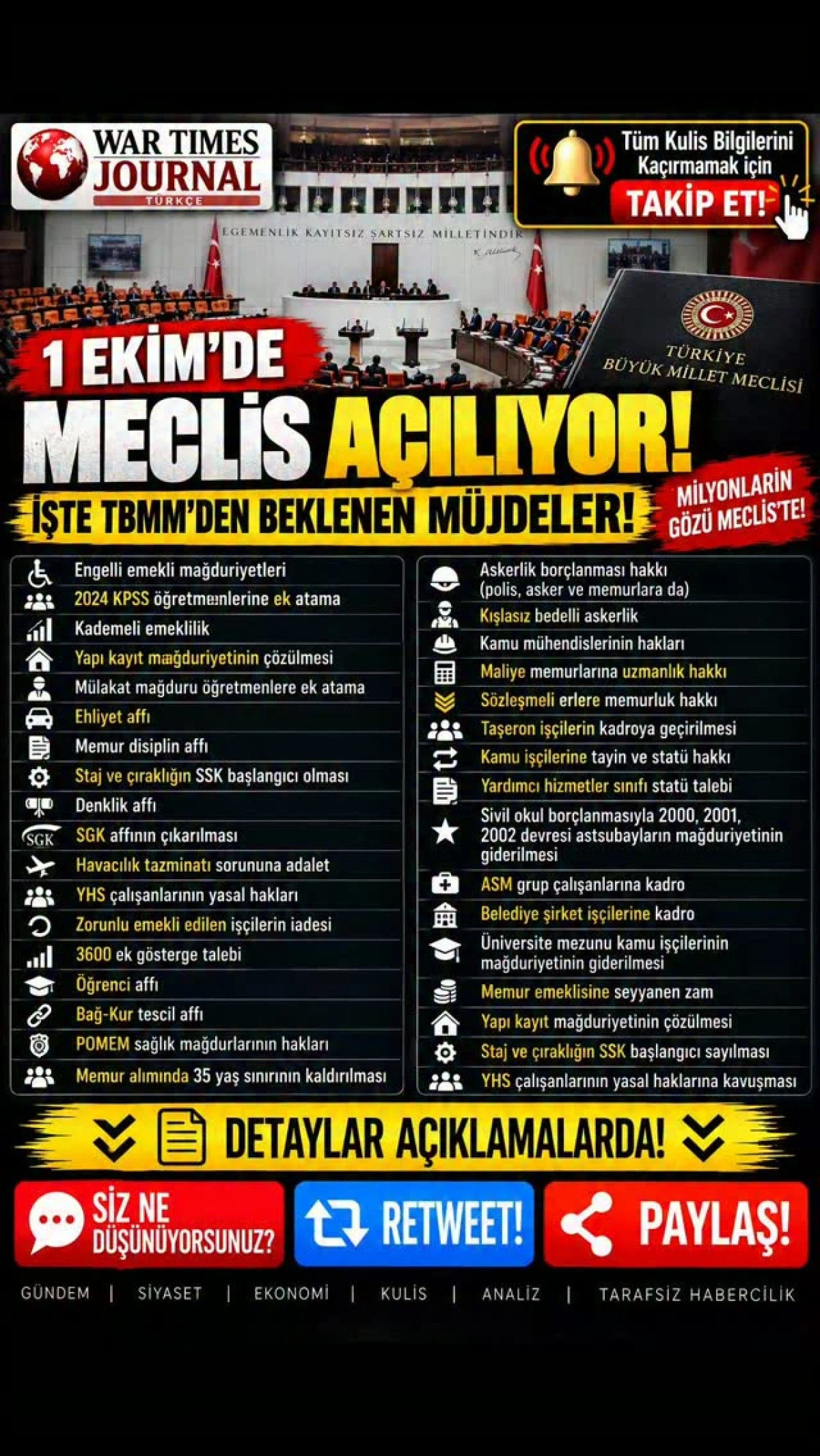  1 EKİM DE MECLİS A&Ccedil;ILIYOR! İŞTE TBMM'DEN BEKLENEN M&Uuml;JDELER!