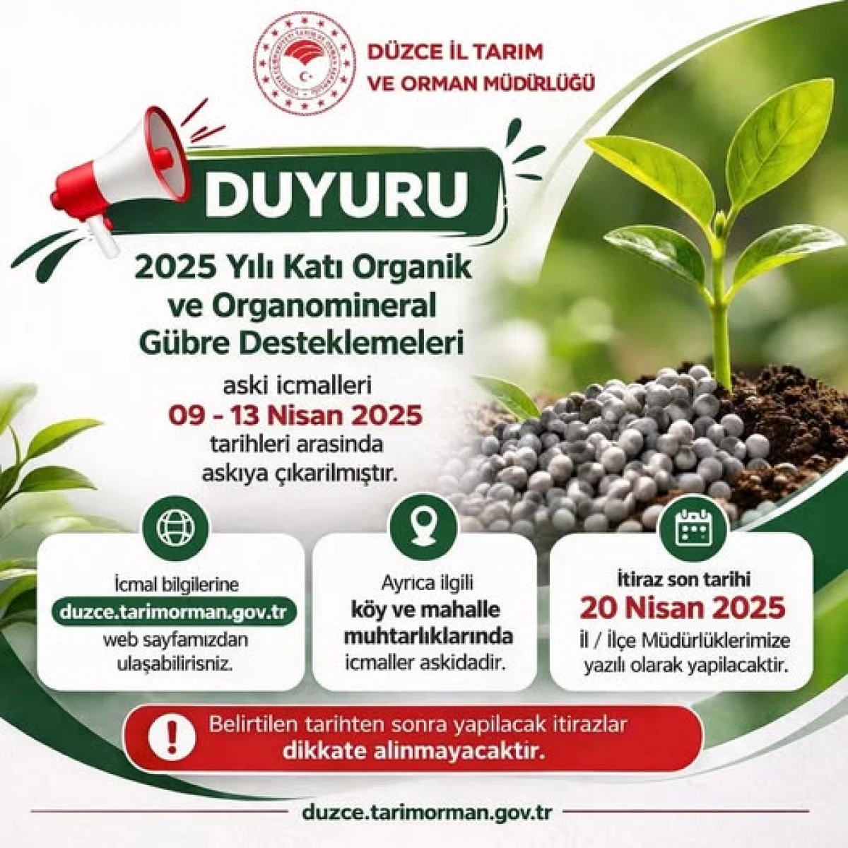 2025 Yılı Katı Organik ve Organomineral G&uuml;bre Desteklemeleri Askı İcmali