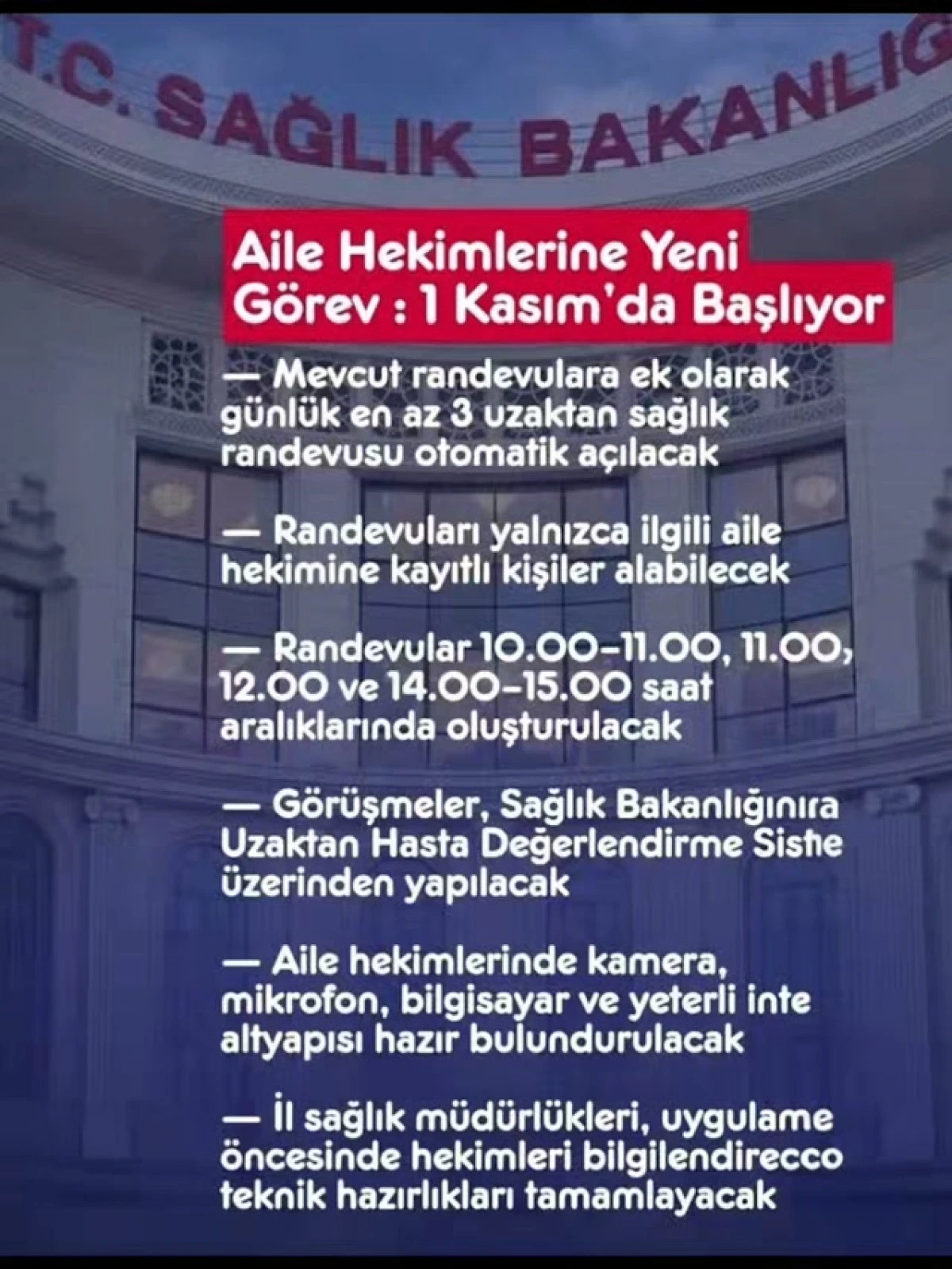 AİLE HEKİMLİKLERİNDE UZAKTAN SAĞLIK HİZMETİ 1 KASIM'DA BAŞLIYOR! 