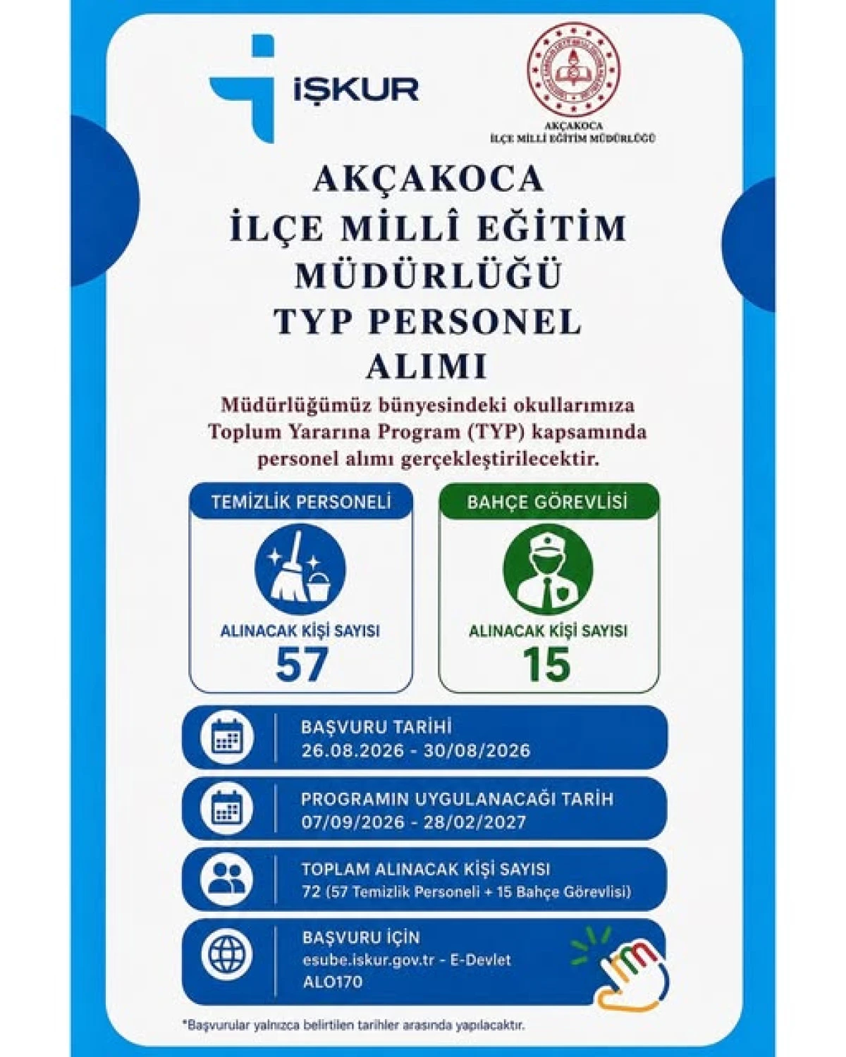 Ak&ccedil;akoca daki  Okullara 72 Personel M&uuml;jdesi!