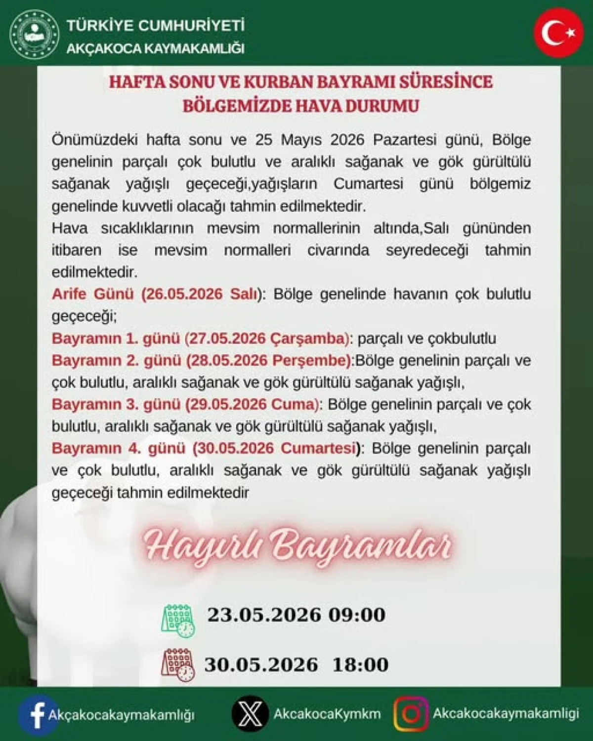 Ak&ccedil;akoca&rsquo;da Bayramda Hava Nasıl Olacak?