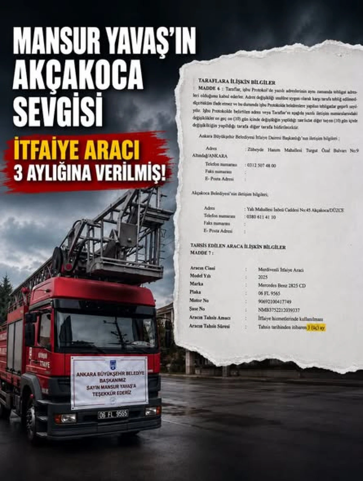 Ak&ccedil;akoca&rsquo;ya İtfaiye Aracı 3 aylığına verilmiş