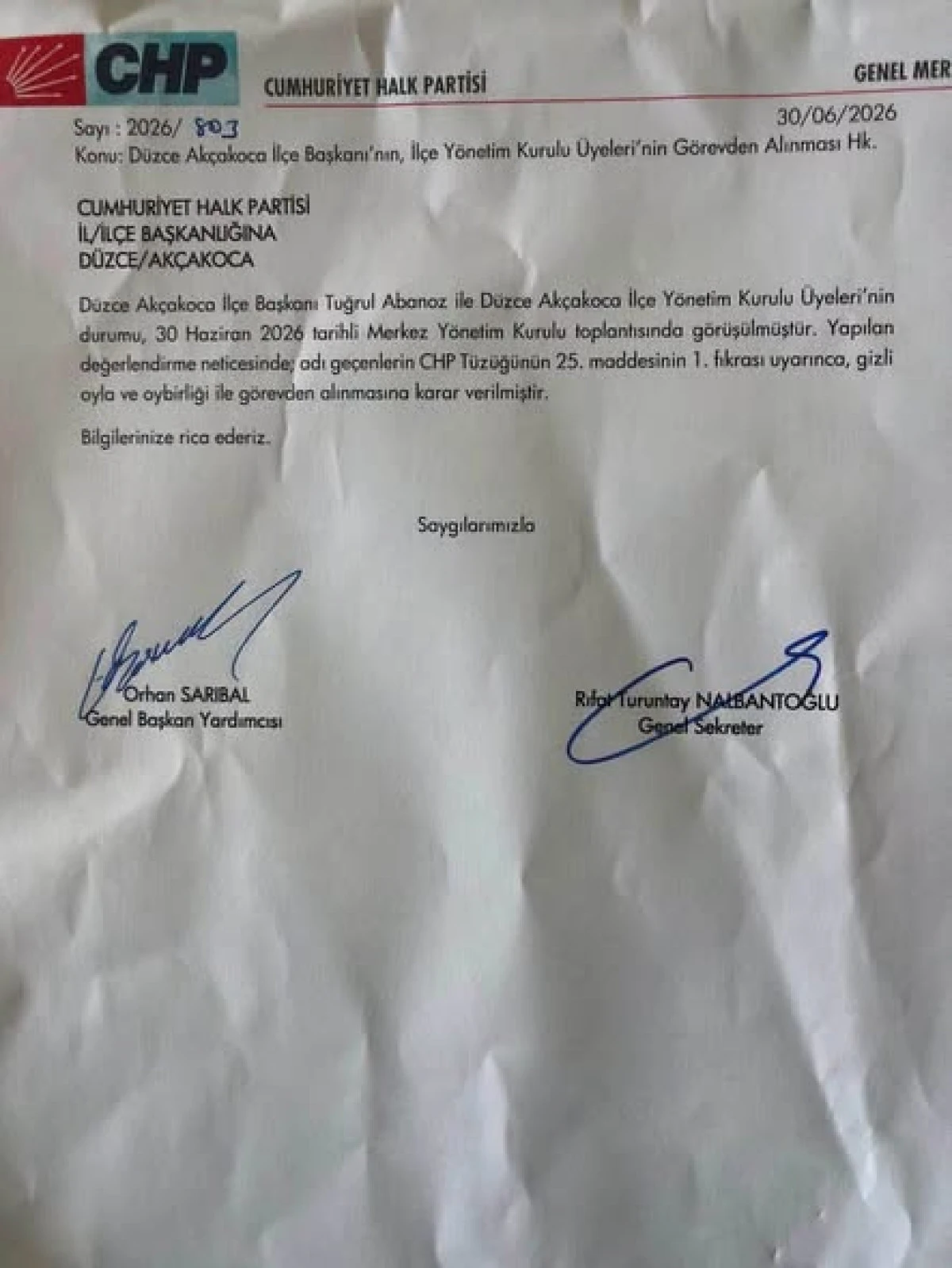 CHP AK&Ccedil;AKOCA İL&Ccedil;E BAŞKANLIĞINA TEBLİGAT GELDİ&hellip;.