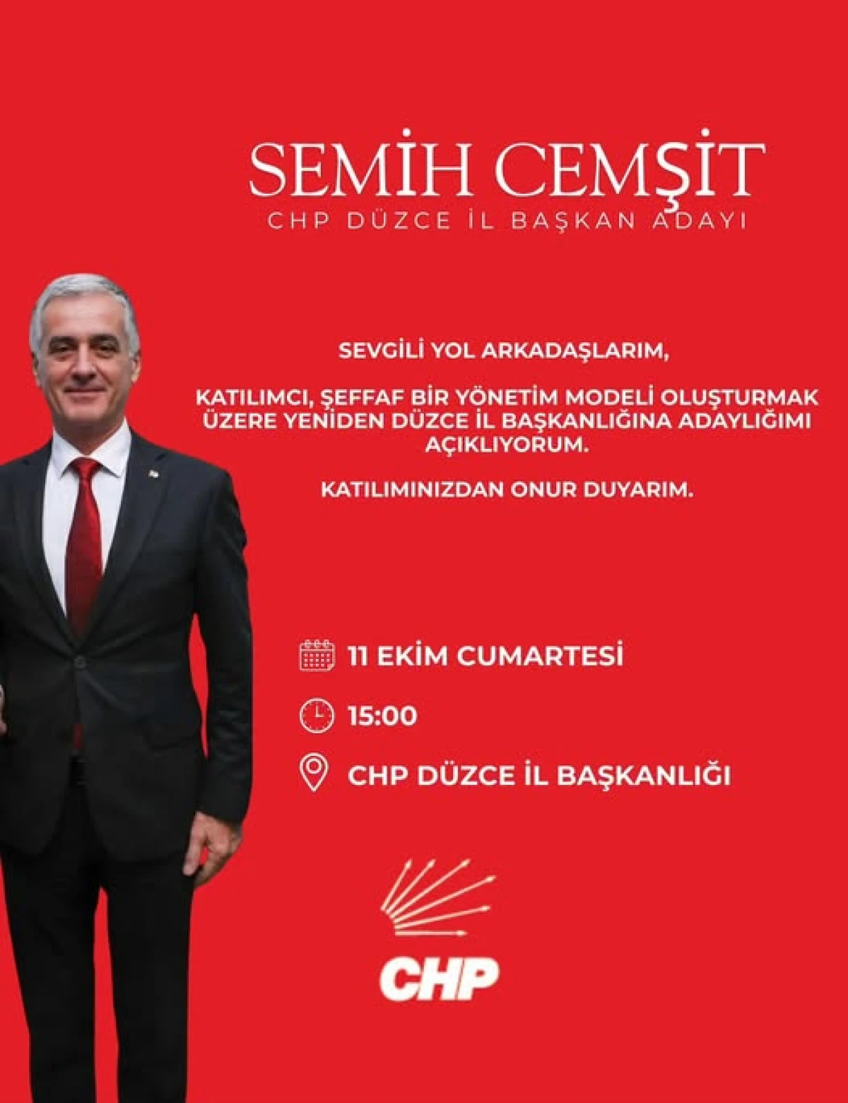CHP’DE SEMİH CEMŞİT ADAYLIĞINI AÇIKLAYACAK