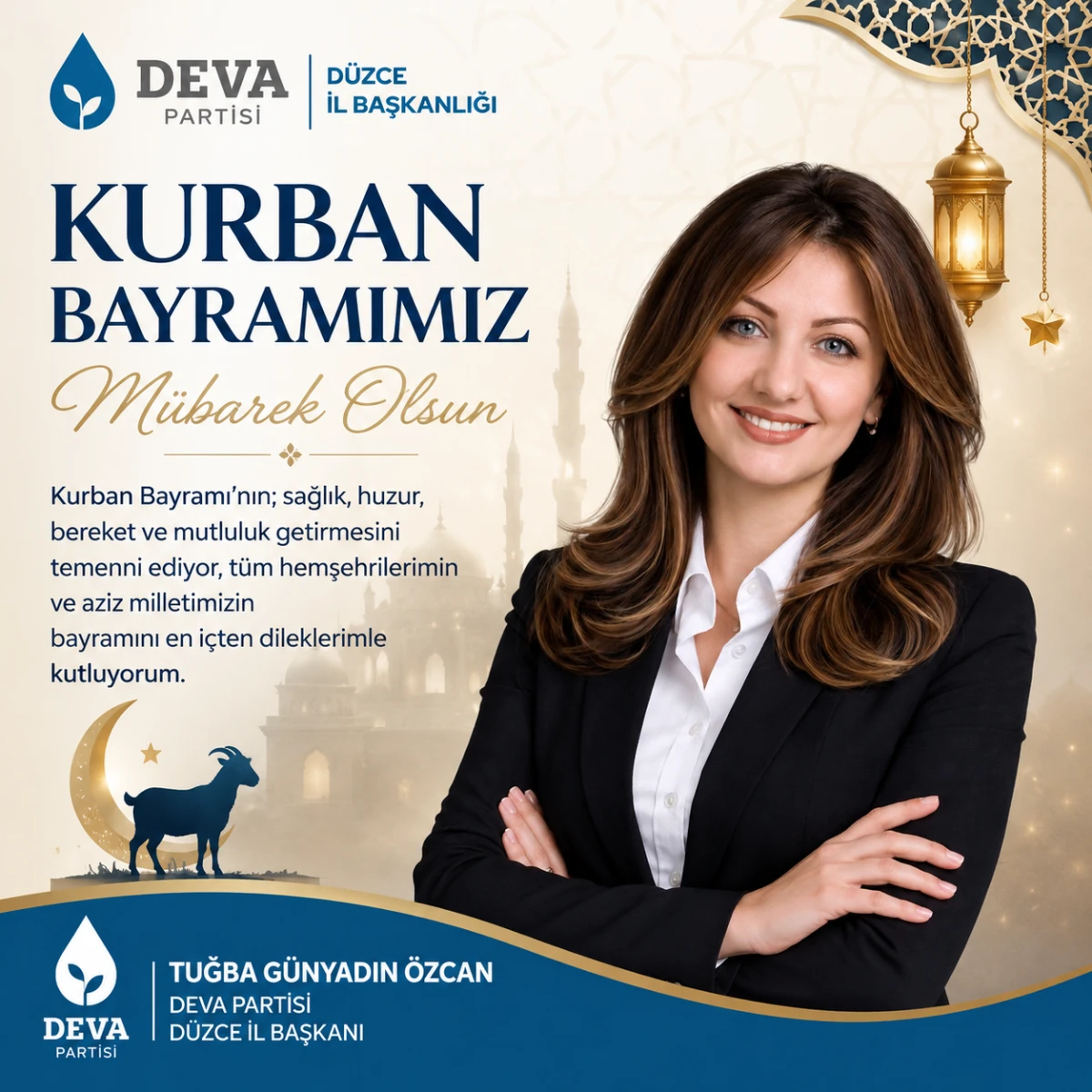 DEVA Partisi D&uuml;zce İl Başkanı Tuğba G&uuml;nyadın &Ouml;zcan&rsquo;dan Birlik, Beraberlik ve Dayanışma Vurgulu Kurban Bayramı Mesajı