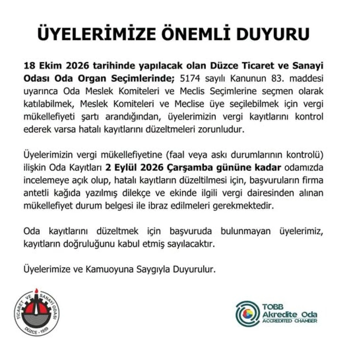 DTSO &Ouml;NEMLİ DUYURU