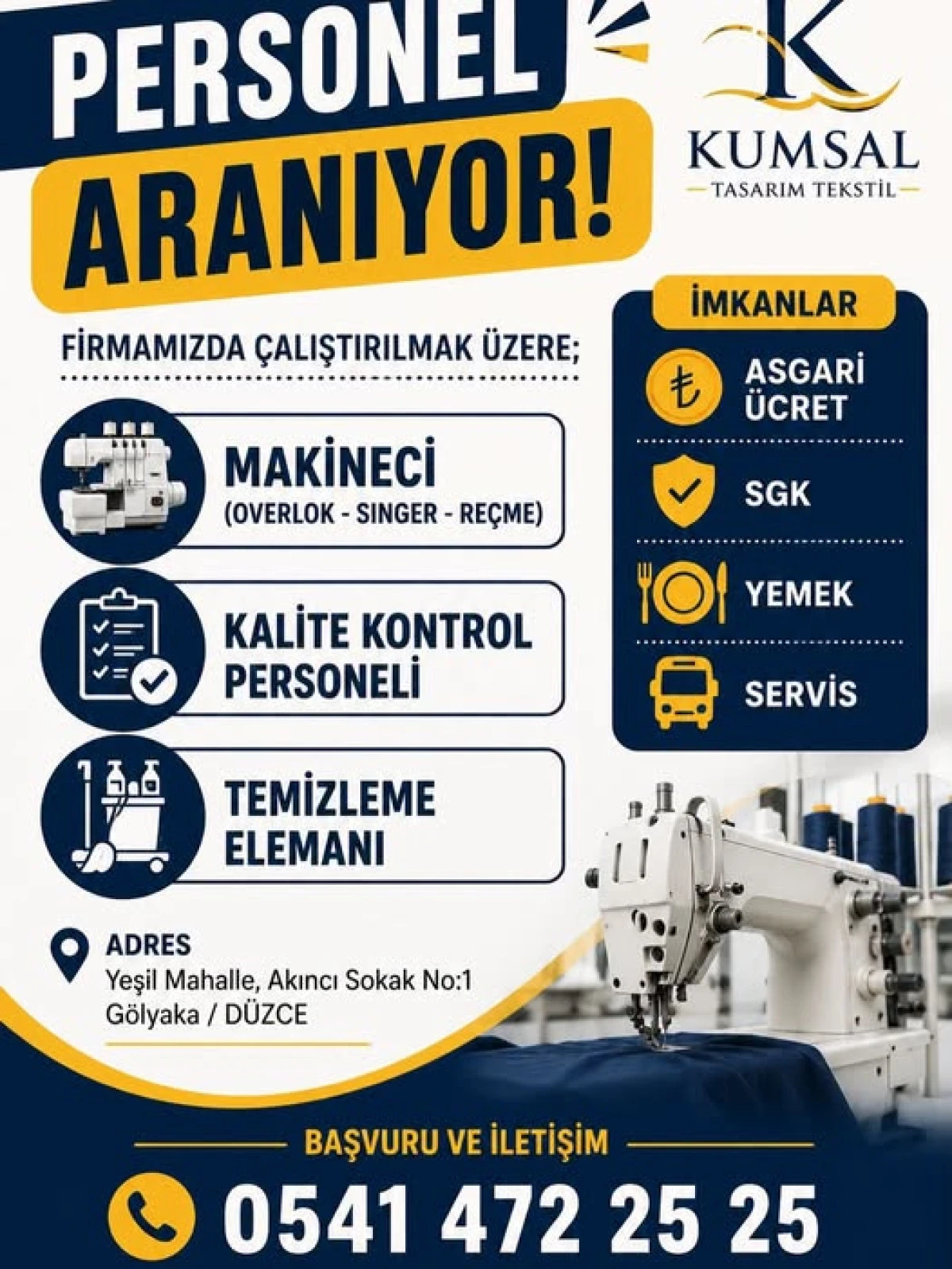 D&uuml;zce G&ouml;lyaka'da Tekstil Sekt&ouml;r&uuml;ne B&uuml;y&uuml;k İstihdam Fırsatı! Kumsal Tasarım Tekstil Personel Alacak