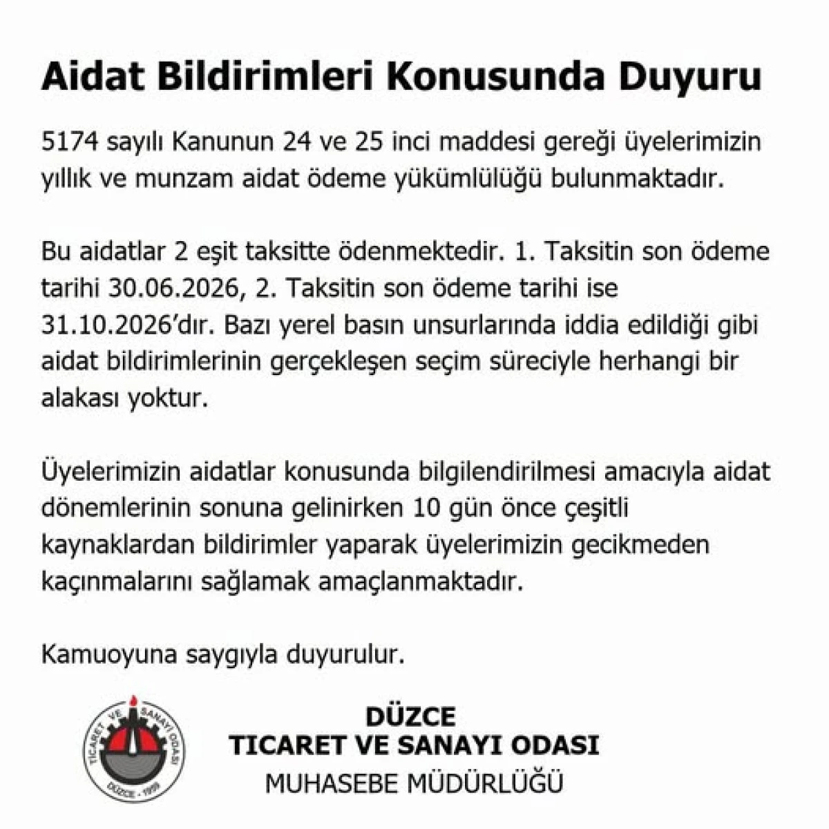 D&uuml;zce TSO&rsquo;dan Aidat Bildirimleri Konusunda Duyuru