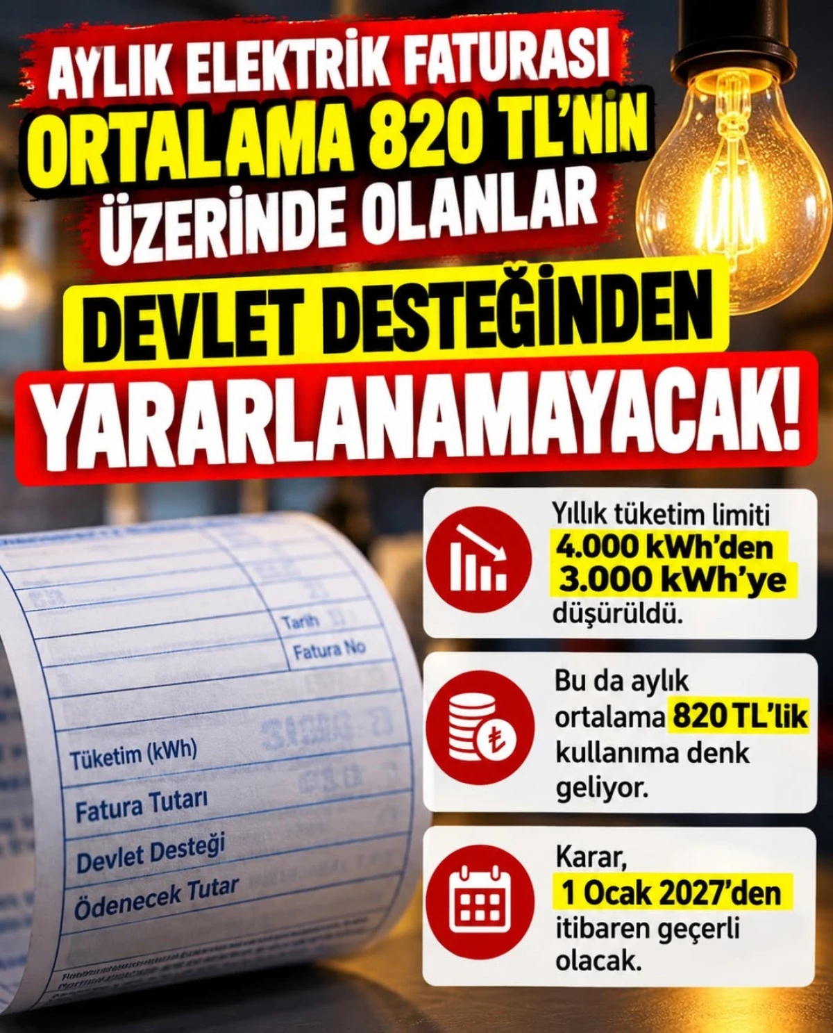 Elektrik faturası aylık 820 lirayı aşan devlet desteği alamayacak!