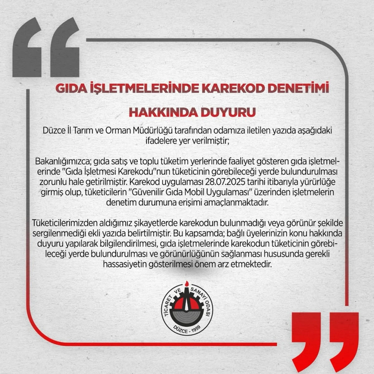 Gıda İşletmelerinde Karekod Denetimi Hakkında Duyuru