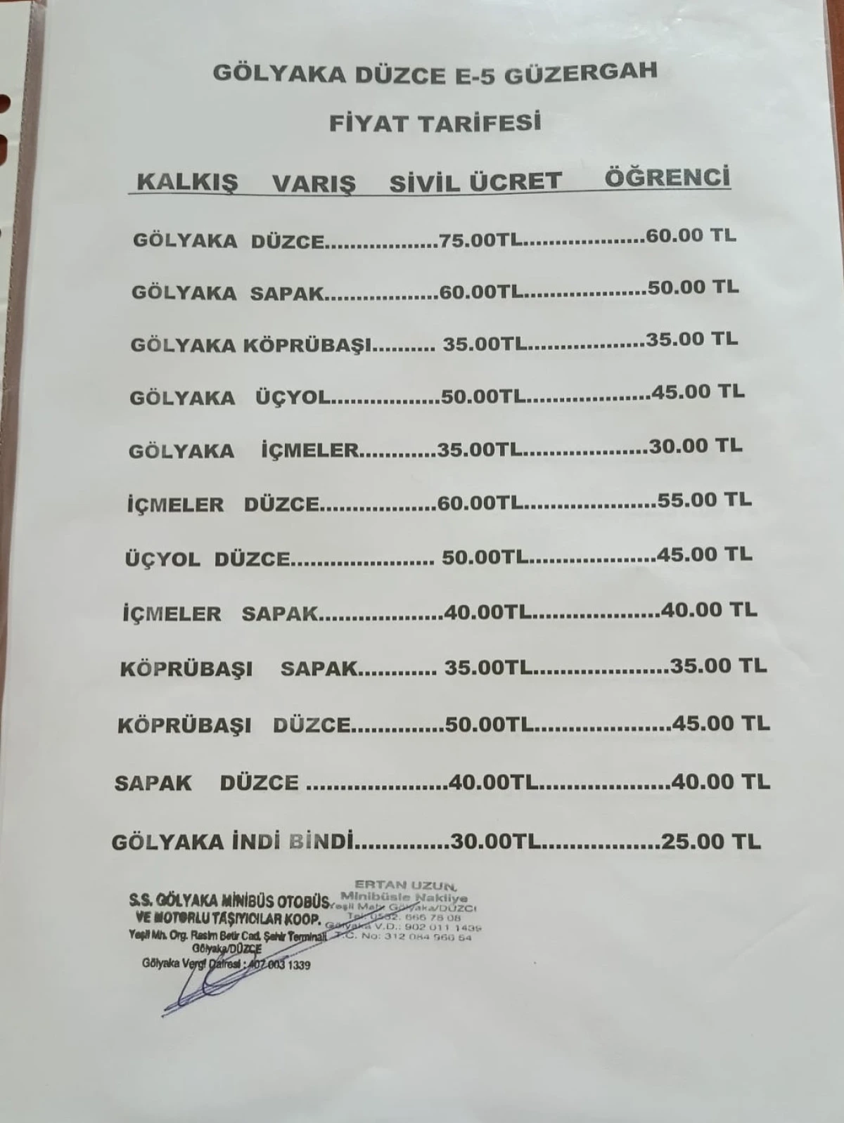 G&Ouml;LYAKA &ndash; D&Uuml;ZCE ULAŞIM FİYATLARI G&Uuml;NCELLENDİ