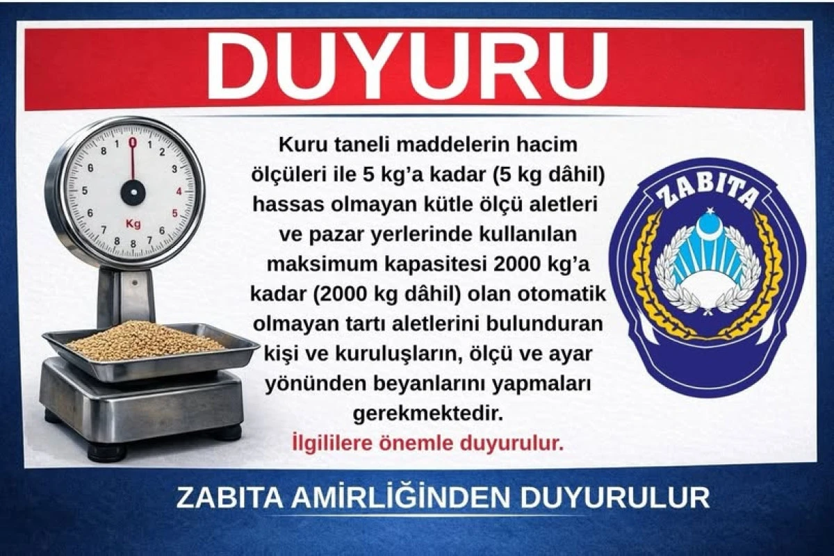G&ouml;lyaka Zabıta Amirliği&rsquo;nden &Ouml;l&ccedil;&uuml; ve Tartı Aletleri İ&ccedil;in Duyuru