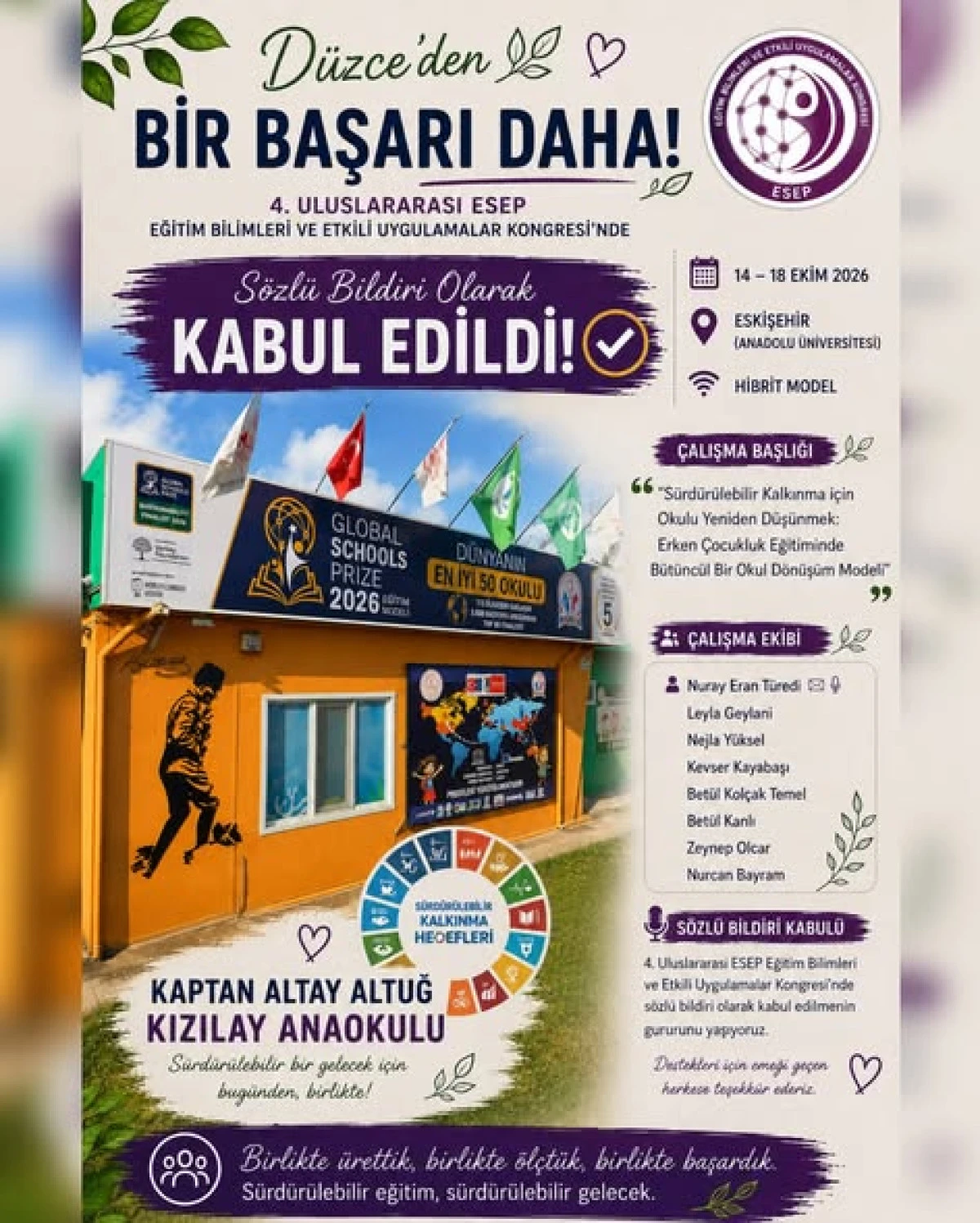 Kaptan Altay Altuğ Kızılay Anaokulu&rsquo;nun &Ccedil;alışması Kongrede Kabul Edildi