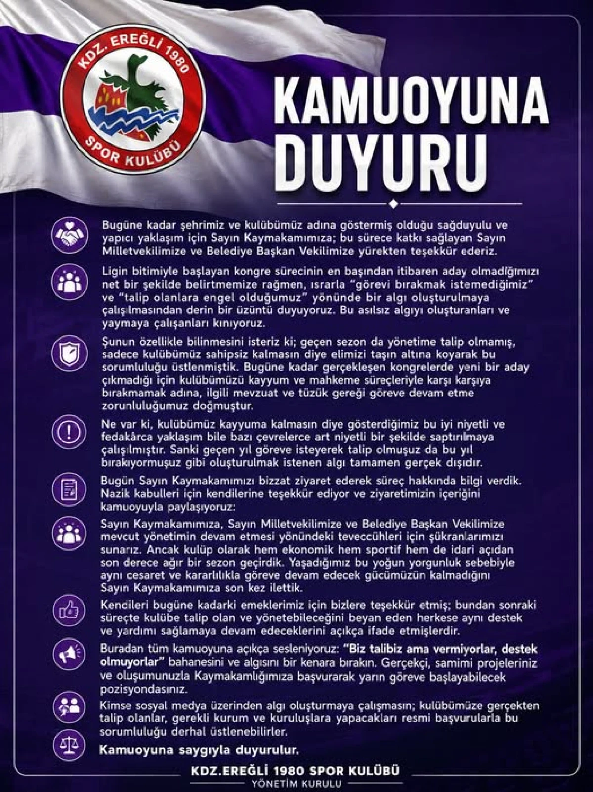 Kdz. Ereğli 1980 Spor Kul&uuml;b&uuml; Y&ouml;netim Kurulu bir a&ccedil;ıklama yaptı