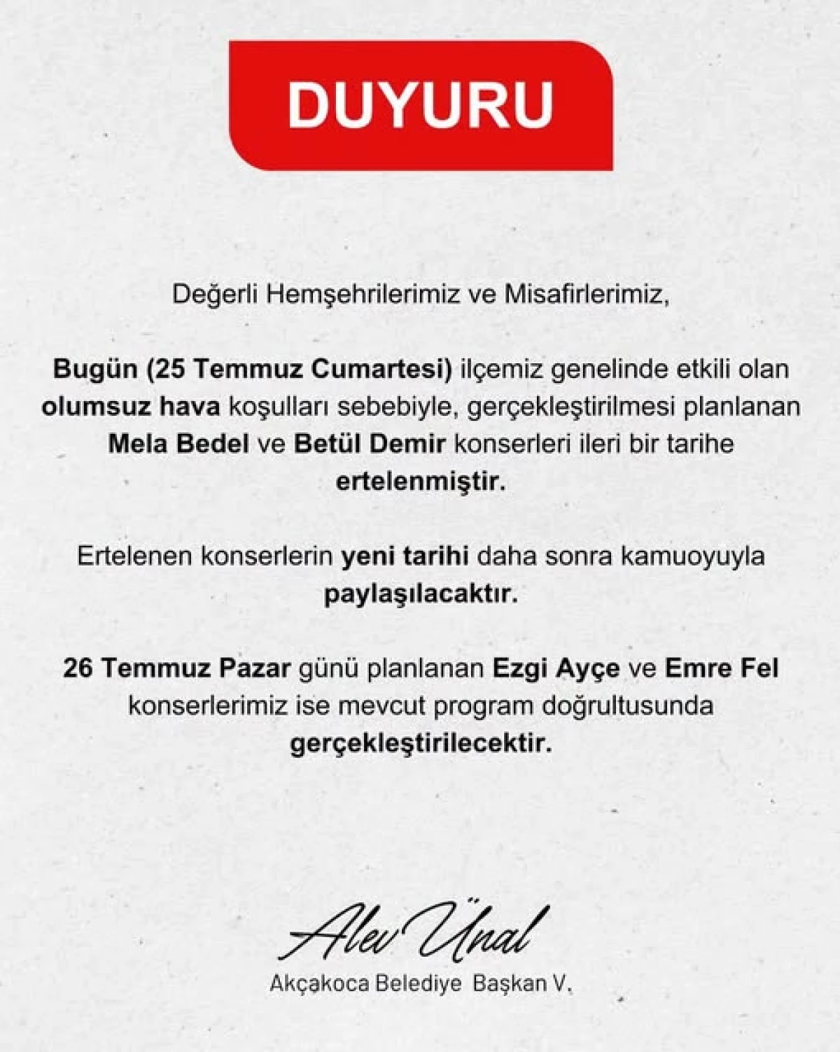 KONSER İPTAL EDİLDİ