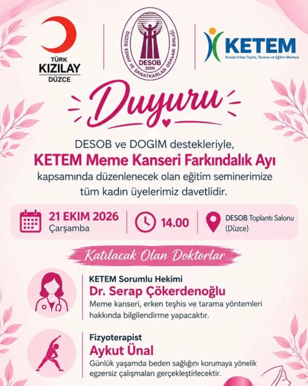 MEME KANSERİ FARKINDALIK SEMİNERİ D&Uuml;ZENLENECEK