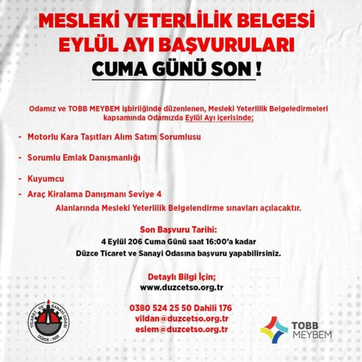 Mesleki Yeterlilik Belgesi almak isteyenler i&ccedil;in Eyl&uuml;l ayı başvuruları başladı!
