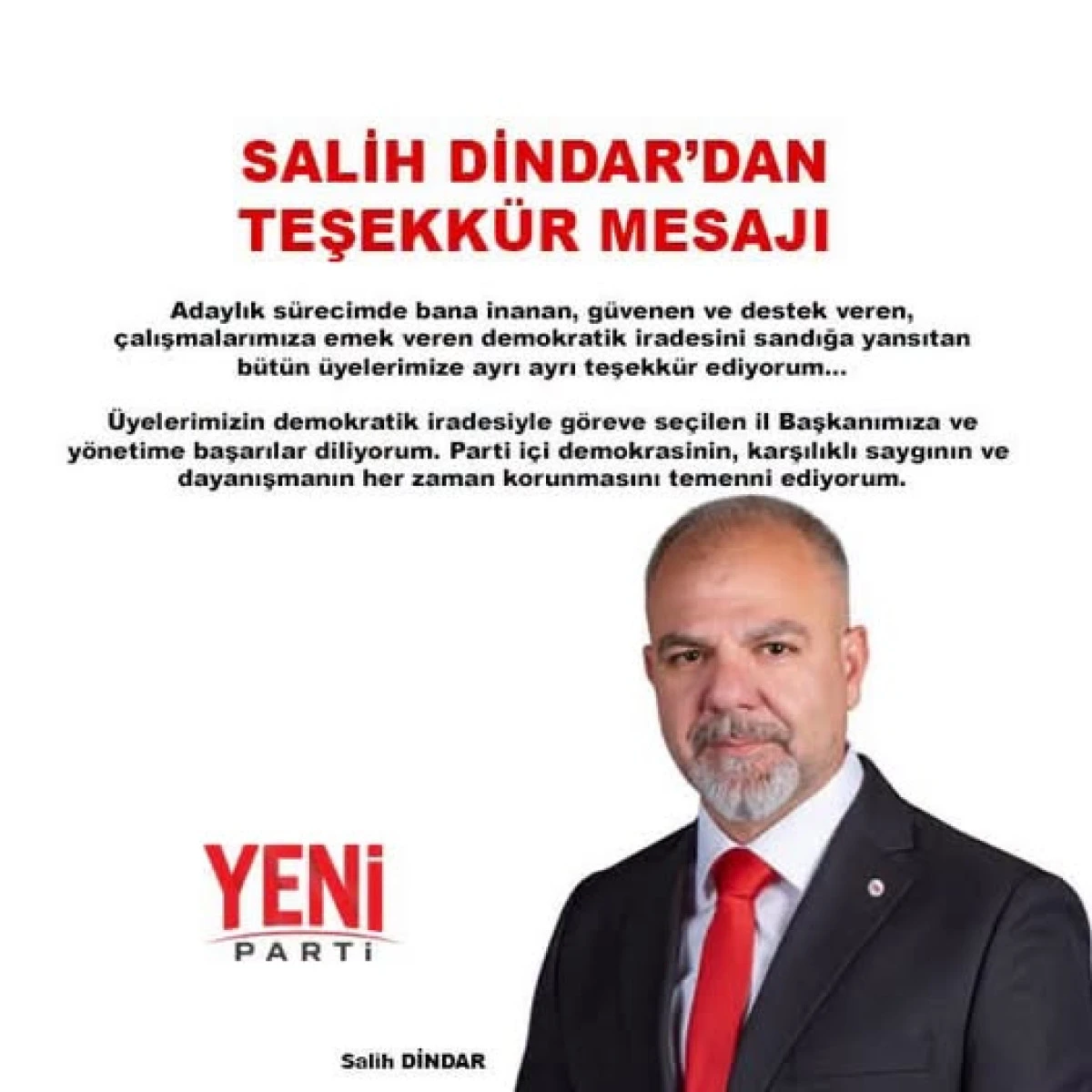 SALİH DİNDAR DAN TEŞEKK&Uuml;R MESAJI