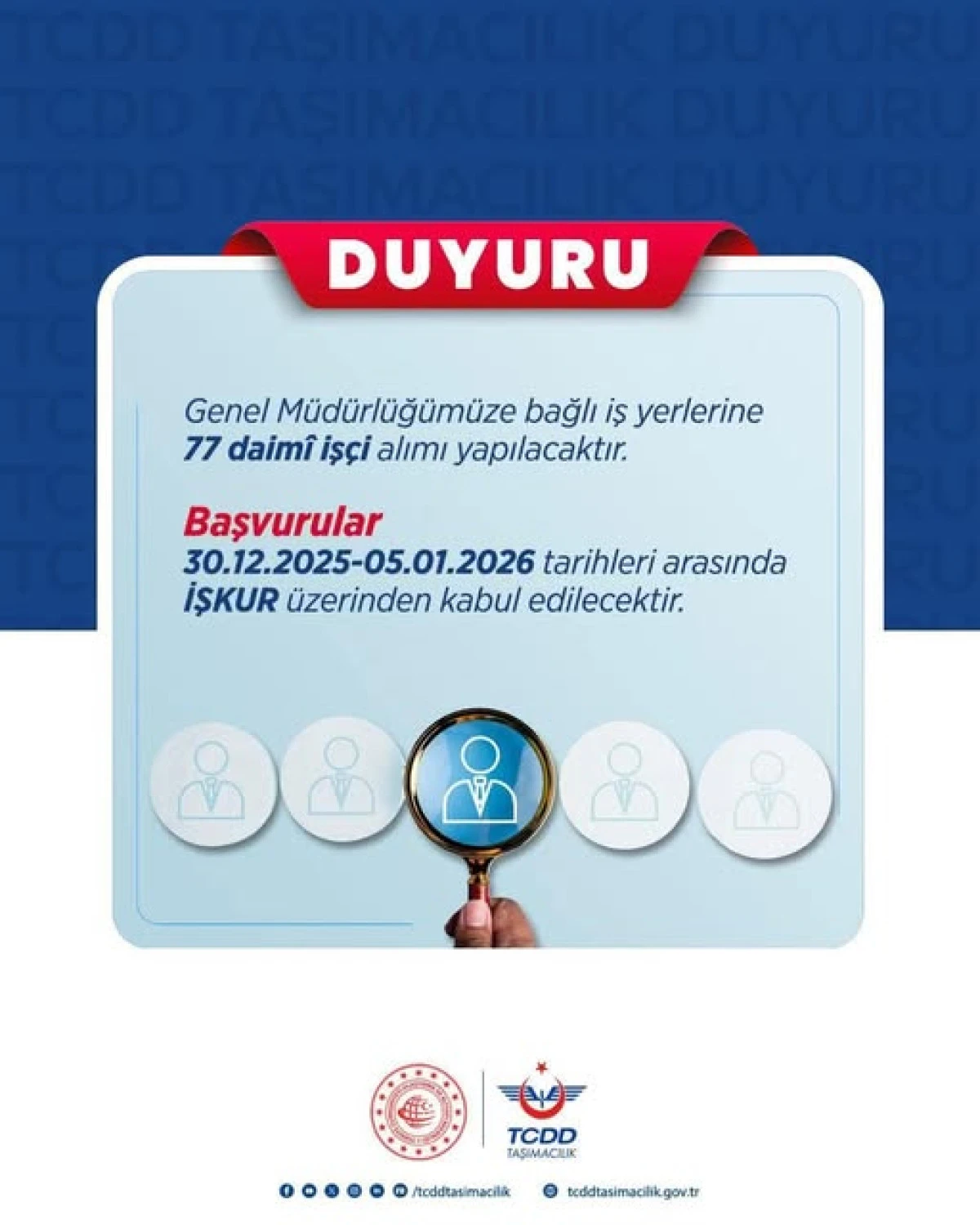 TTCDD 77 daim&icirc; iş&ccedil;i alımı yapılacaktır.