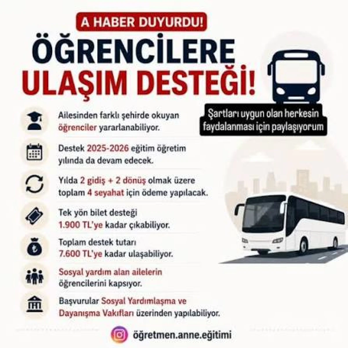 Ulaşım Desteği 2025-2026 eğitim-&ouml;ğretim yılında da &ouml;ğrencilerin yanında oldu