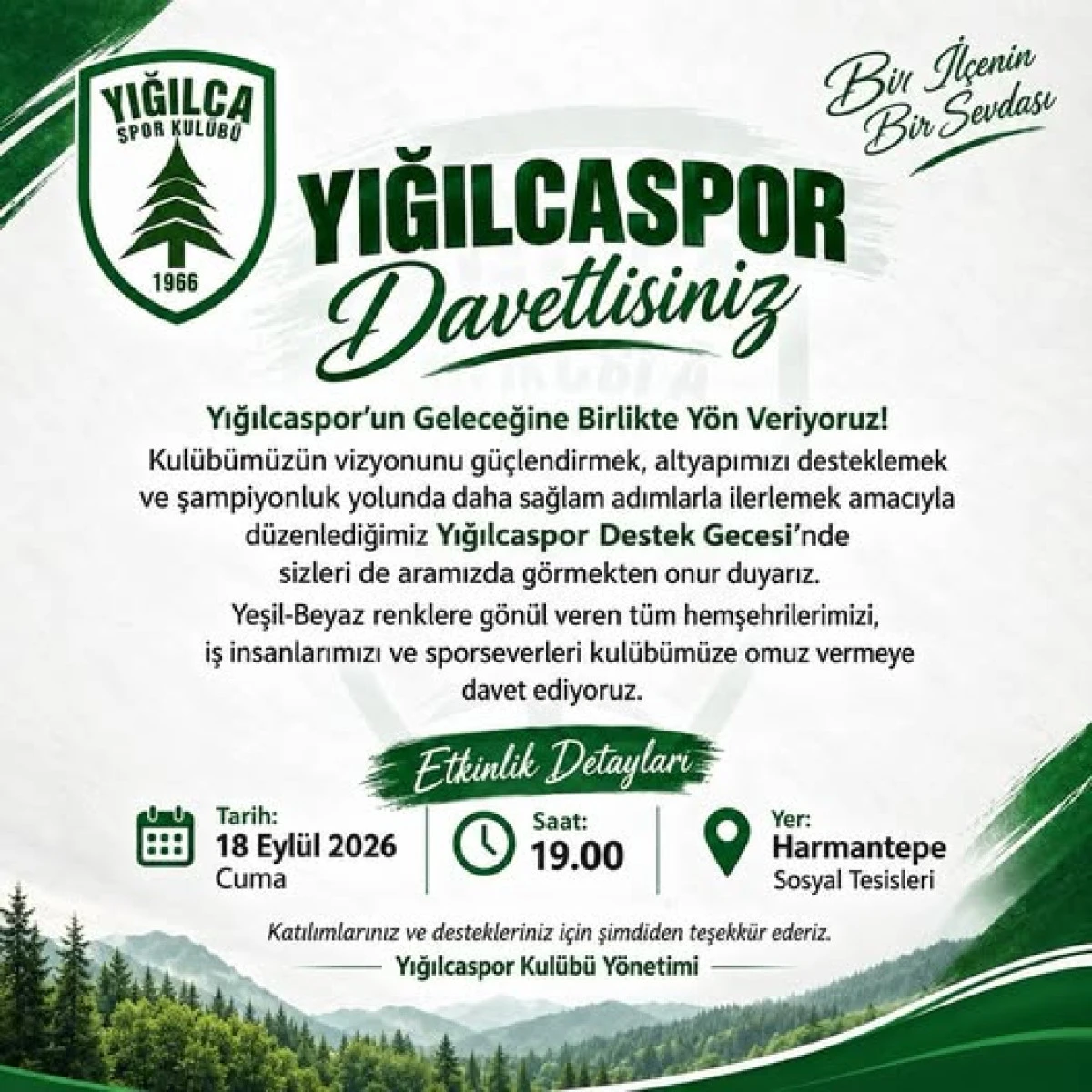 YIĞILCASPOR&rsquo;DAN DESTEK GECESİ DAVETİ